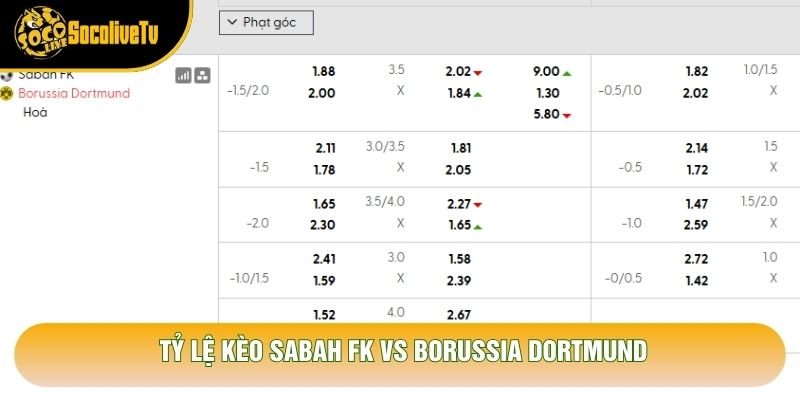 Tỷ lệ kèo Sabah FK vs Borussia Dortmund Tỷ lệ kèo Sabah FK vs Borussia Dortmund