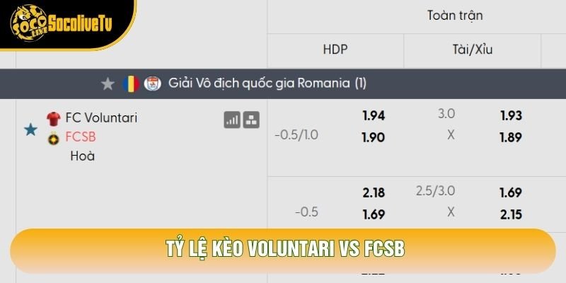 Tỷ lệ kèo Voluntari vs FCSB